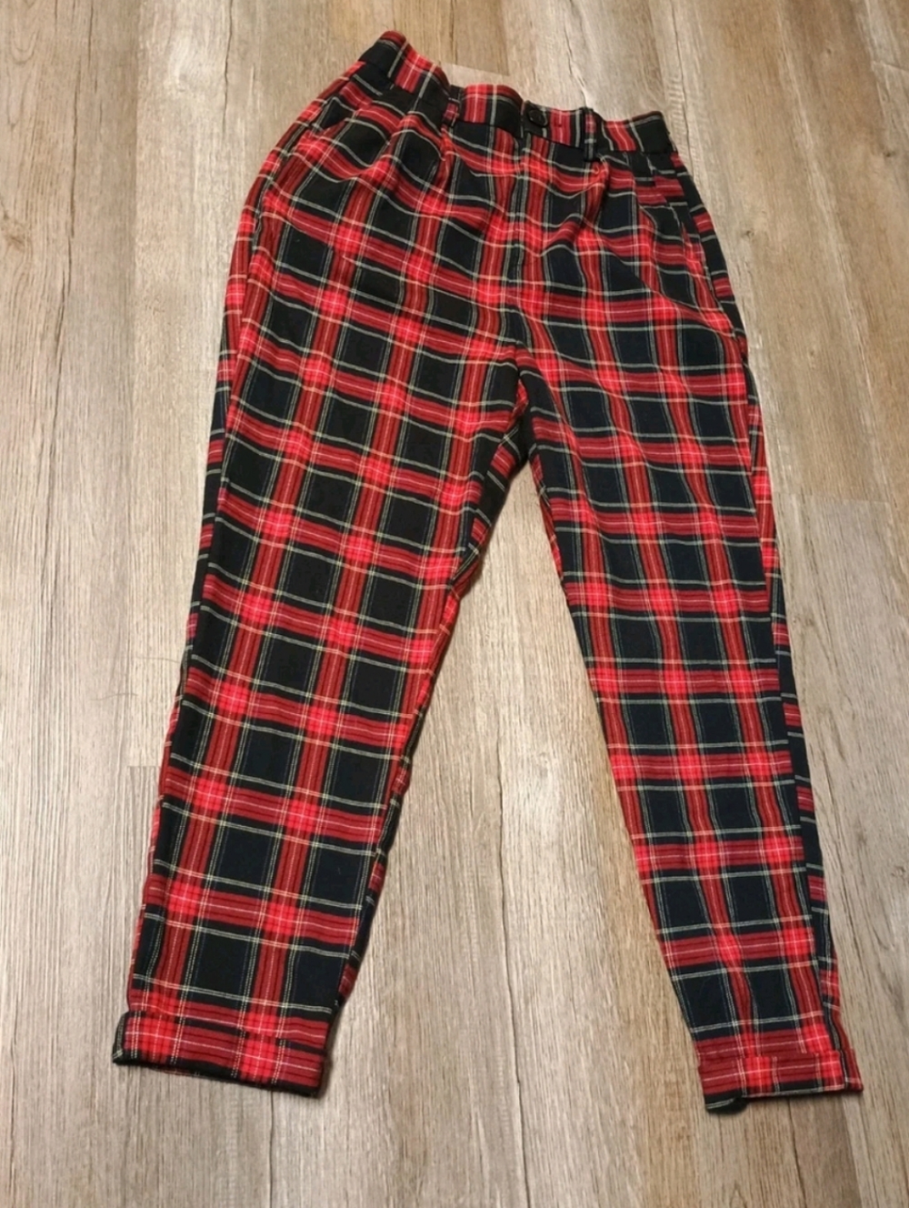 Bershka Red and Black Plaid Straight Leg High Waist Trousers